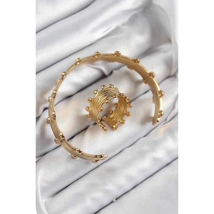 Dodes Dodes Pirinç Topcuk Model Gold Renk Bileklik Yüzük Set TG27BB7602