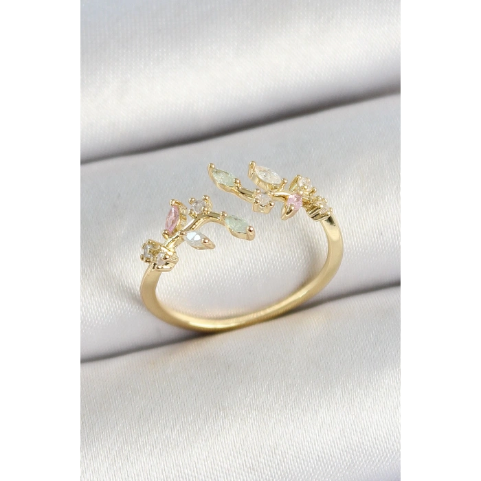 Dodes Dodes Pirinç Yaprak Figürlü Zirkon Taşlı Gold Renk Ayarlanabilir Kadın Yüzük TG27BYK3768