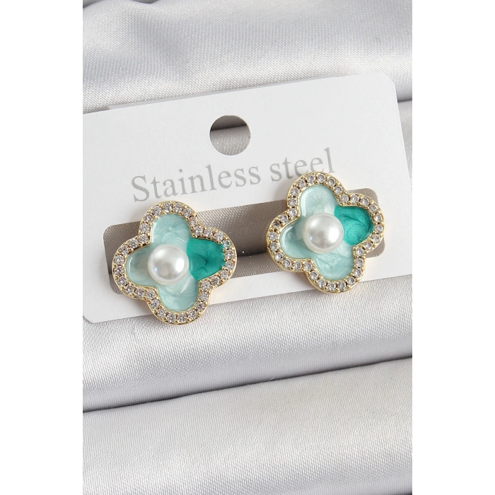 Dodes Dodes Pirinç Yeşil Mineli İnci Detaylı Zirkon Taşlı Sanatsal Portre Yonca Model Gold Renk Kadın Küpe TG27BKP10681