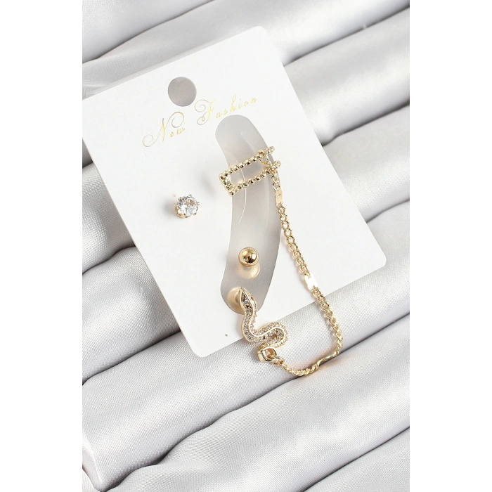 Dodes Dodes Pirinç Yılan Figürlü Zirkon Taşlı Gold Renk 3lü Kıkırdak Kadın Küpe Set TG27BKP10664