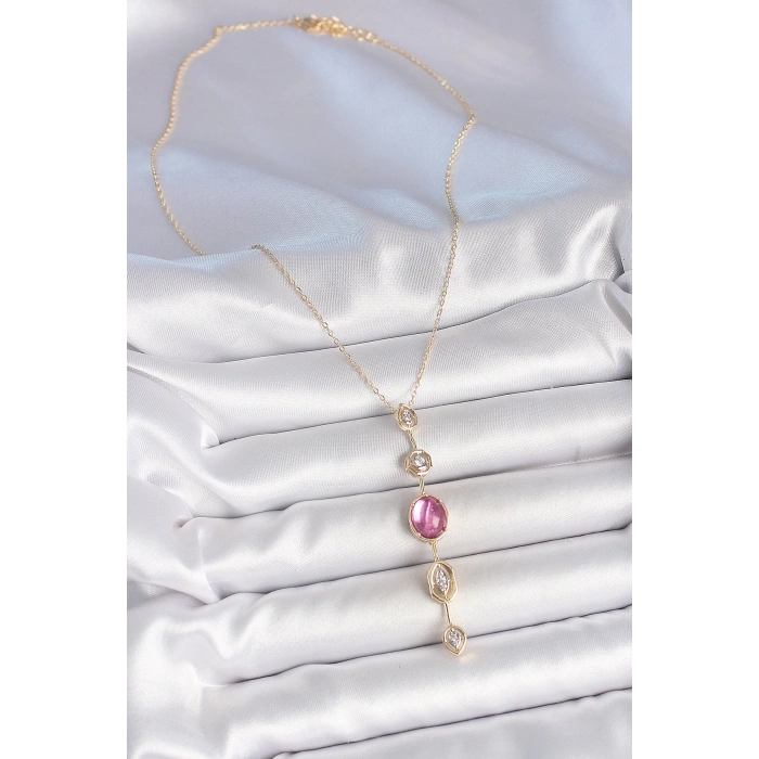 Dodes Dodes Pirinç Zincir Gold Renk Pembe Zirkon Taşlı Y Kolye TG27BKO10228