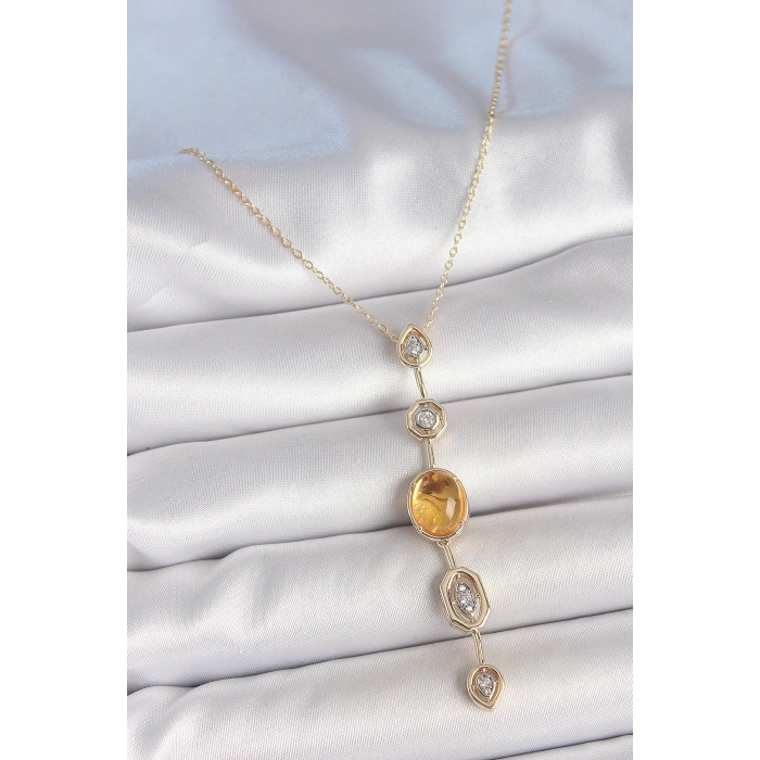 Dodes Dodes Pirinç Zincir Kehribar Sarı Gold Renk  Zirkon Taşlı Y Kolye TG27BKO10230