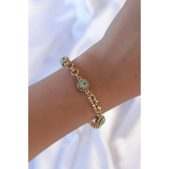 Dodes Dodes Pirinç Zincir Vip Seri Altın Renk Zirkon Taşlı Nazarlı Bileklik TG27BB6393