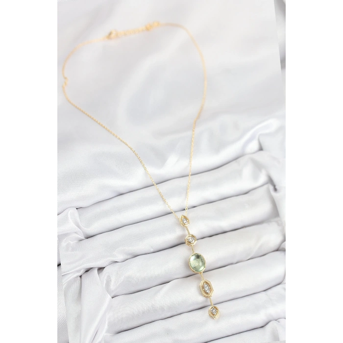 Dodes Dodes Pirinç Zincir Yeşil Gold Renk Zirkon Taşlı Y Kolye TG27BKO10557