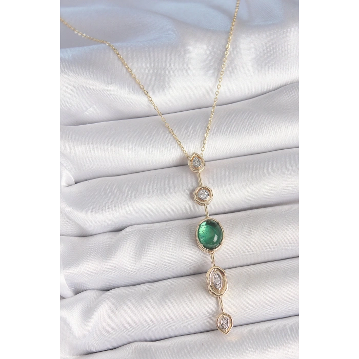 Dodes Dodes Pirinç Zincir Zümrüt Yeşil Gold Renk Zirkon Taşlı Y Kolye TG27BKO10229