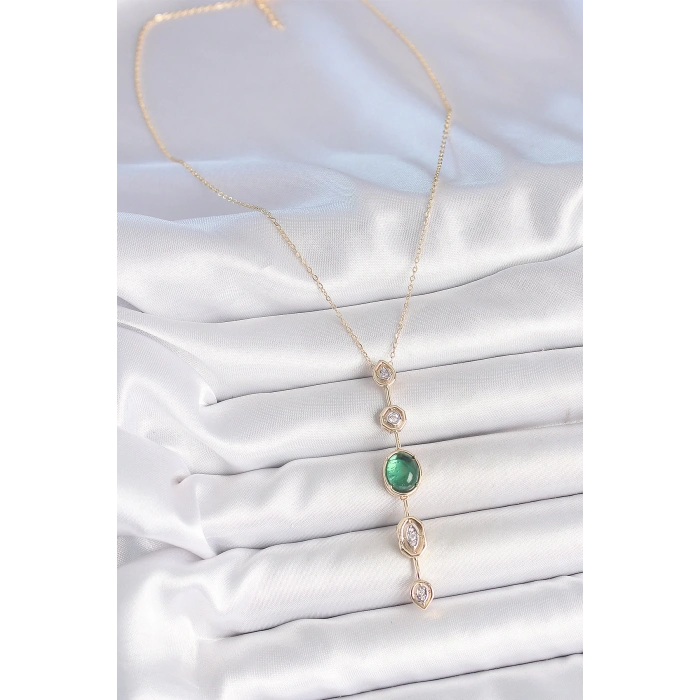 Dodes Dodes Pirinç Zincir Zümrüt Yeşil Gold Renk Zirkon Taşlı Y Kolye TG27BKO10229
