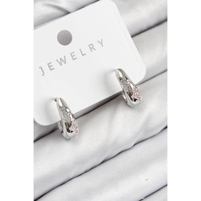 Dodes Dodes Pirinç Zirkon Taş Desenli Model Gümüş Renk Kadın Küpe TG27BKP11067