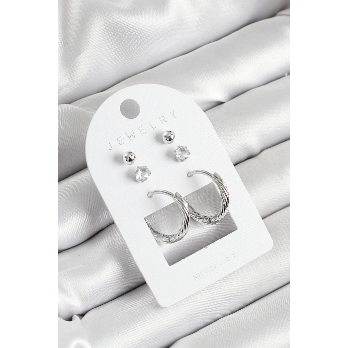 Dodes Dodes Pirinç Zirkon Taş Ve Halka Figürlü Gümüş Renk 3lü Çift Kadın Küpe Set TG27BKP10649