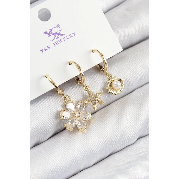 Dodes Dodes Pirinç Zirkon Taşlı 3lü İstiridye Ve Çiçek Model Gold Renk Kadın Küpe TG27BKP11137