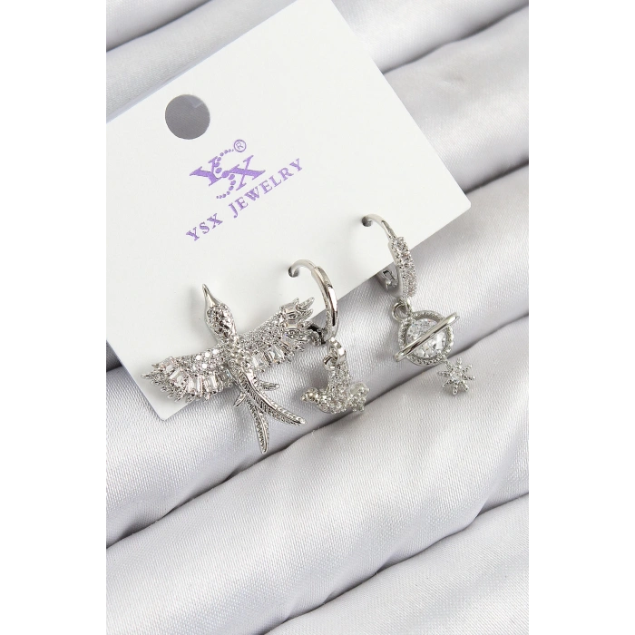 Dodes Dodes Pirinç Zirkon Taşlı 3lü Kuş Model Gümüş Renk Kadın Küpe TG27BKP11124