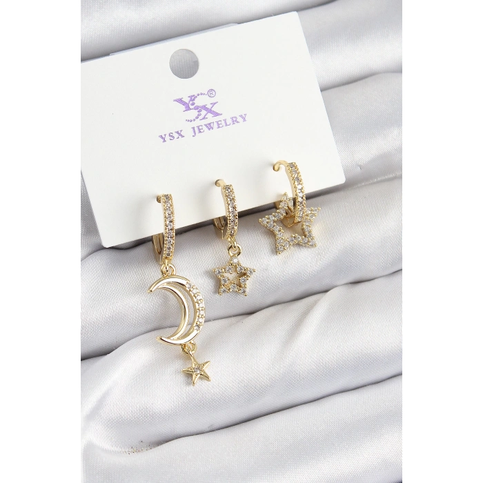 Dodes Dodes Pirinç Zİrkon Taşlı Ay Ve Hilal Model Gold Renk 3lü Kadın Küpe TG27BKP10942