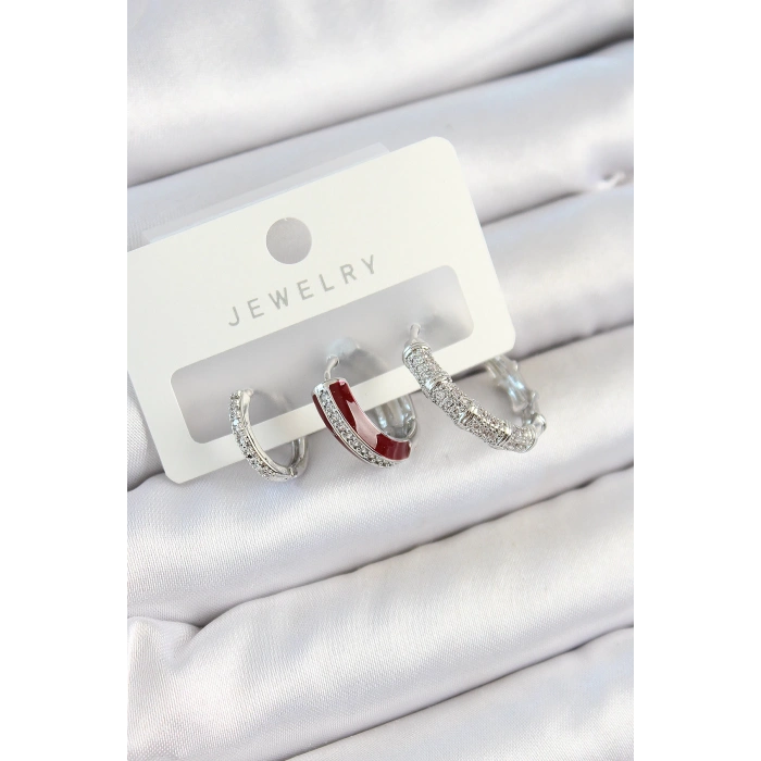 Dodes Dodes Pirinç Zirkon Taşlı Bordo Pembe Halka Model Gümüş Renk 3lü Çift Kadın Küpe Set TG27BKP10791