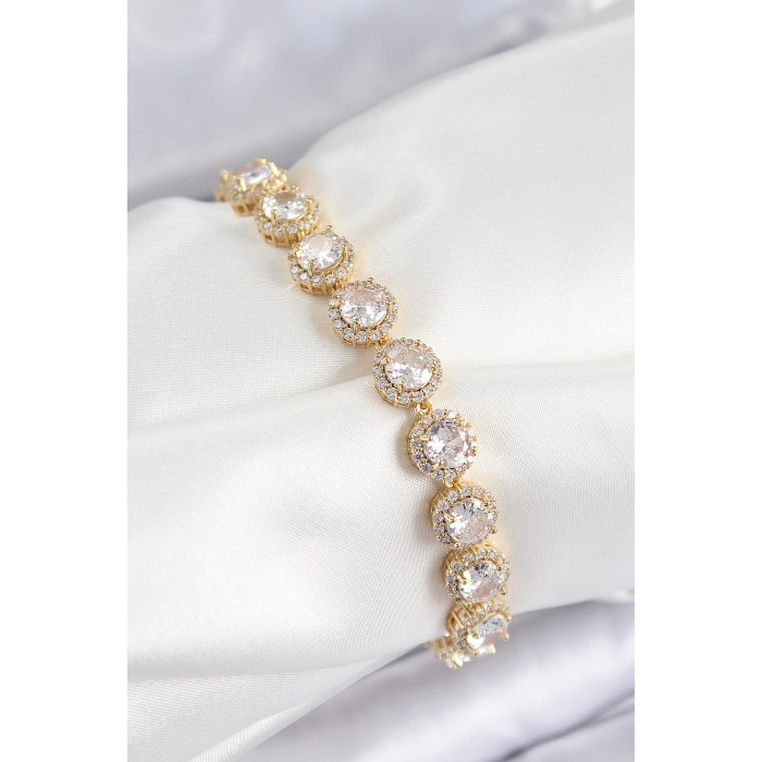 Dodes Dodes Pirinç Zirkon Taşlı Daire Baget Model Gold Renk VIP Seri Kadın Bileklik TG27BB7514