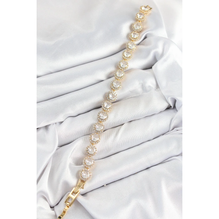 Dodes Dodes Pirinç Zirkon Taşlı Daire Baget Model Gold Renk VIP Seri Kadın Bileklik TG27BB7514