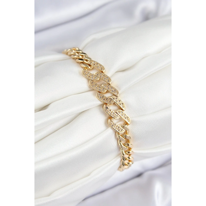 Dodes Dodes Pirinç Zirkon Taşlı Ezme Küba Zincir Model Gold Renk Kadın Bileklik TG27BB7549