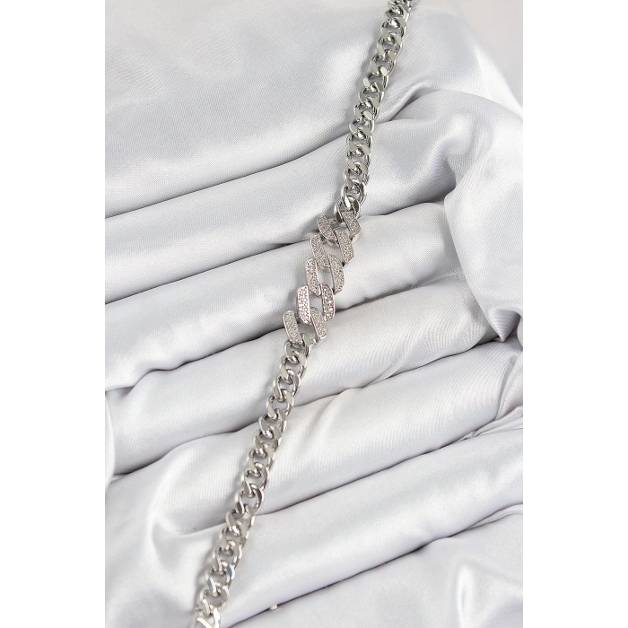 Dodes Dodes Pirinç Zirkon Taşlı Ezme Küba Zincir Model Gümüş Renk Kadın Bileklik TG27BB7550