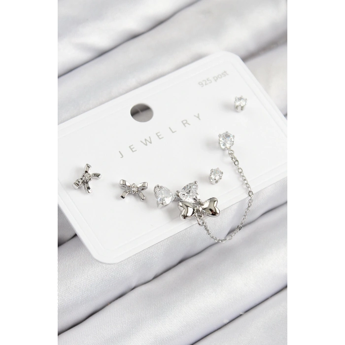 Dodes Dodes Pirinç Zirkon Taşlı Fiyonk Model Gümüş Renk 925 Ayar Gümüş Çivi Kadın Küpe Set TG27BKP11173