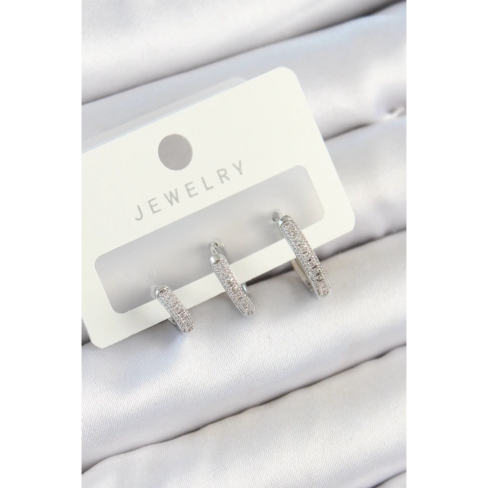 Dodes Dodes Pirinç Zirkon Taşlı Halka Model Gümüş Renk 3lü Çift Kadın Küpe Set TG27BKP10812