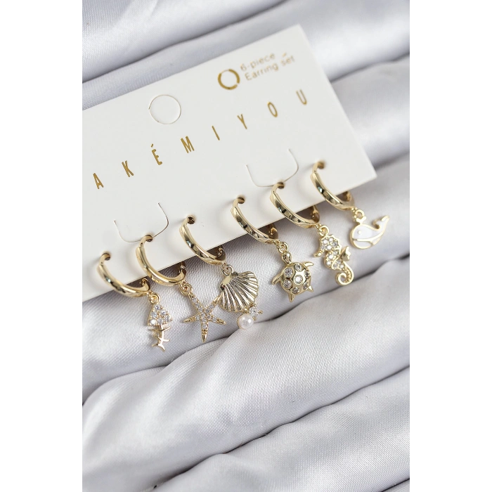 Dodes Dodes Pirinç Zirkon Taşlı İstiridye Balina Ve Yıldız Gold Renk 6lı Küpe Set TG27BKP11203