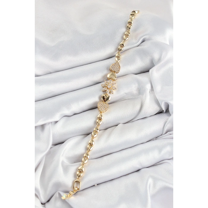Dodes Dodes Pirinç Zirkon Taşlı Kalp Detaylı Çiçek Model Gold Renk Kadın Bileklik TG27BB7527