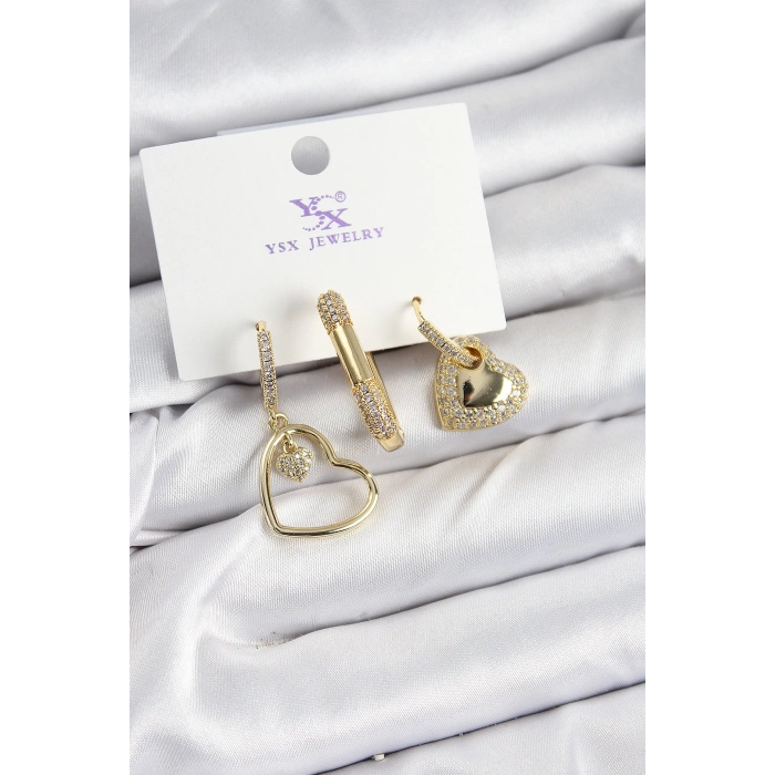 Dodes Dodes Pirinç Zİrkon Taşlı Kalp Model Gold Renk 3lü Kadın Küpe TG27BKP10948