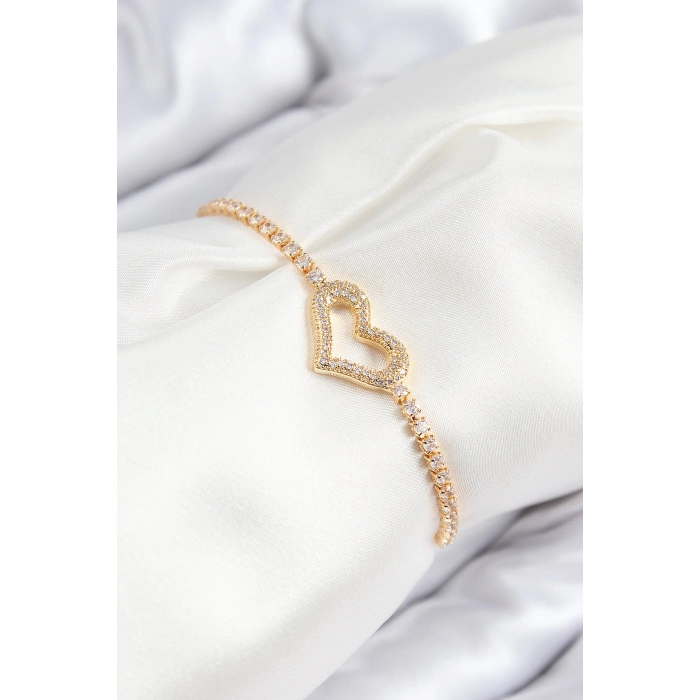 Dodes Dodes Pirinç Zirkon Taşlı Kalp Model Gold Renk Asansörlü Kadın Bileklik TG27BB7747