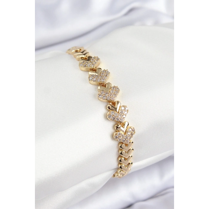 Dodes Dodes Pirinç Zirkon Taşlı Kalp Model Gold Renk Kadın Bileklik TG27BB7901