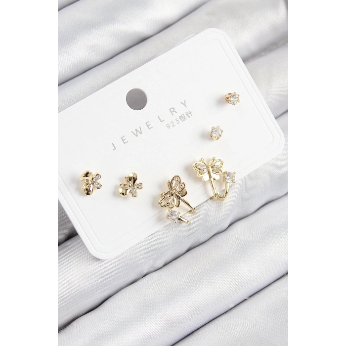 Dodes Dodes Pirinç Zirkon Taşlı Kelebek Model Gold Renk 925 Ayar Gümüş Çivi Kadın Küpe Set TG27BKP11182