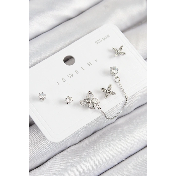 Dodes Dodes Pirinç Zirkon Taşlı Kelebek Model Gümüş Renk 925 Ayar Gümüş Çivi Kadın Küpe Set TG27BKP11181