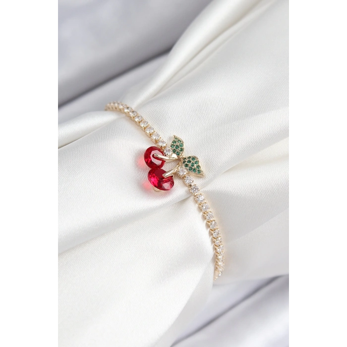 Dodes Dodes Pirinç Zirkon Taşlı Kiraz Model Gold Renk Asansörlü Kadın Bileklik TG27BB7455