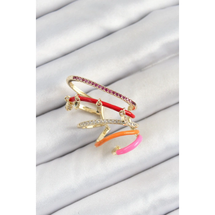 Dodes Dodes Pirinç Zirkon Taşlı Kırmızı Turuncu Pembe Sıkıştırma Sağ Kıkırdak Gold Renk Kadın Küpe TG27BKP10755