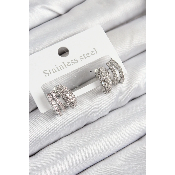 Dodes Dodes Pirinç Zirkon Taşlı Kıvrımlı Model Gümüş Renk Kadın Küpe TG27BKP11113