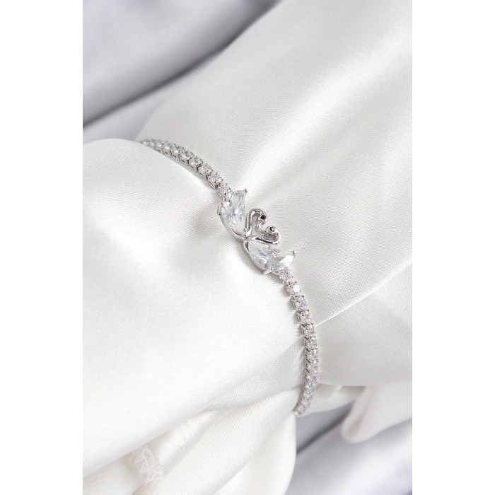 Dodes Dodes Pirinç Zirkon Taşlı Kuğu Model Gümüş Renk Asansörlü Kadın Bileklik TG27BB7463