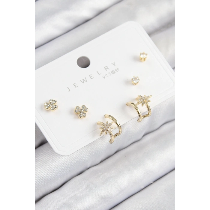 Dodes Dodes Pirinç Zirkon Taşlı Kutup Yıldızı Model Gold Renk 925 Ayar Gümüş Çivi Kadın Küpe Set TG27BKP11168