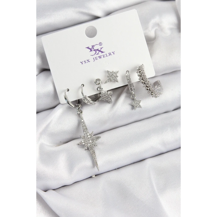 Dodes Dodes Pirinç Zİrkon Taşlı Kutup Yıldızı Model Gümüş Renk 3lü Çift Kadın Küpe TG27BKP10950