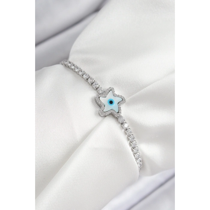 Dodes Dodes Pirinç Zirkon Taşlı Nazar Yıldız Model Gümüş Renk Asansörlü Kadın Bileklik TG27BB7469