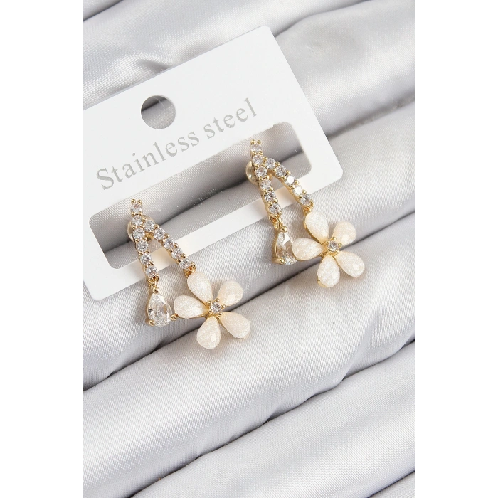 Dodes Dodes Pirinç Zirkon Taşlı Papatya Model Gold Renk Kadın Küpe TG27BKP11110