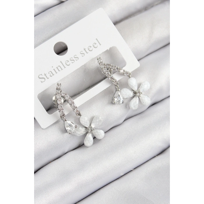 Dodes Dodes Pirinç Zirkon Taşlı Papatya Model Gümüş Renk Kadın Küpe TG27BKP11111