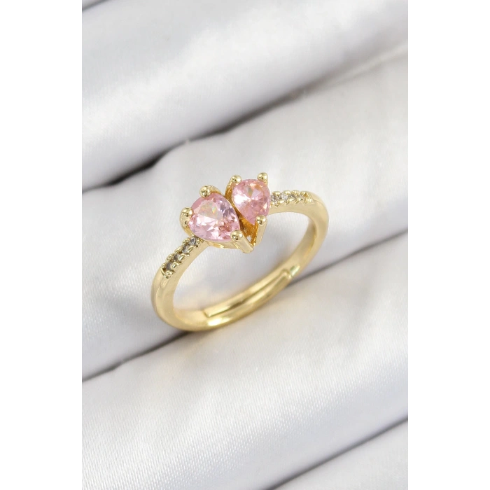 Dodes Dodes Pirinç Zirkon Taşlı Pembe Kalp Model Gold Renk Kadın Yüzük TG27BYK3802