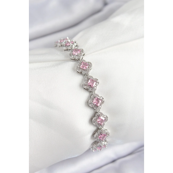 Dodes Dodes Pirinç Zirkon Taşlı Pembe Yonca Baget Model Gümüş Renk VIP Seri Kadın Bileklik TG27BB7505