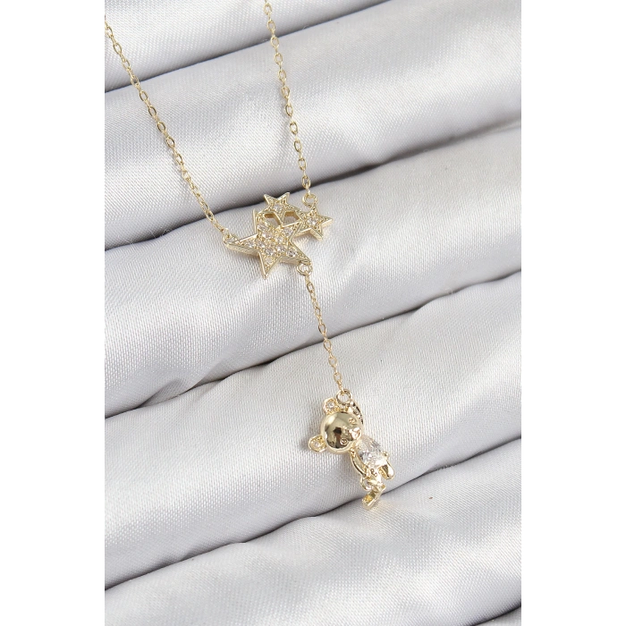 Dodes Dodes Pirinç Zirkon Taşlı Sallantılı Ayıcıklı Yıldız Model Gold Renk Kadın Kolye TG27BKO10418