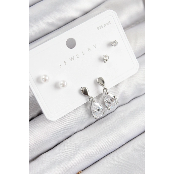 Dodes Dodes Pirinç Zirkon Taşlı Sallantılı Damla Model Gümüş Renk 925 Ayar Gümüş Çivi Kadın Küpe Set TG27BKP11171