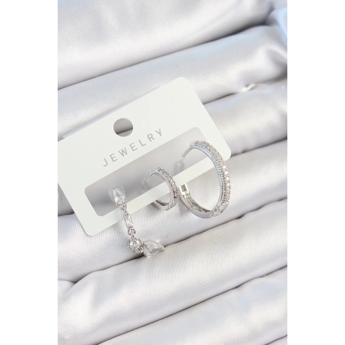 Dodes Dodes Pirinç Zirkon Taşlı Sallantılı Model Gümüş Renk 3lü Çift Kadın Küpe Set TG27BKP10789