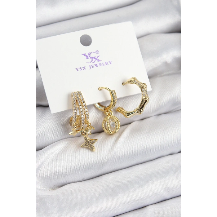 Dodes Dodes Pirinç Zİrkon Taşlı Sallantılı Yıldız Model Gold Renk 3lü Kadın Küpe TG27BKP10940