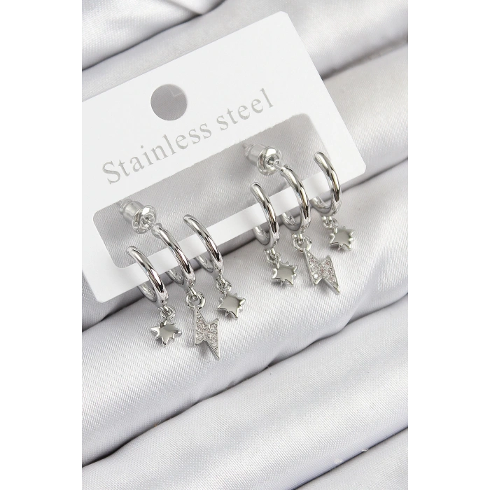 Dodes Dodes Pirinç Zirkon Taşlı Şimşek Model Gümüş Renk Kadın Küpe TG27BKP11109