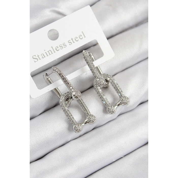 Dodes Dodes Pirinç Zirkon Taşlı Tifany Model Gümüş Renk Kadın Küpe TG27BKP11096