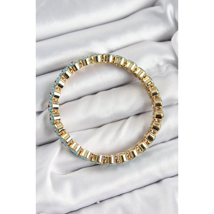 Dodes Dodes Pirinç Zirkon Taşlı Turkuaz Nazar Model Gold Renk Lastikli Kadın Bileklik TG27BB7496