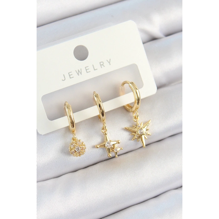 Dodes Dodes Pirinç Zirkon Taşlı Yıldız Model Gold Renk 3lü Çift Kadın Küpe Set TG27BKP10837