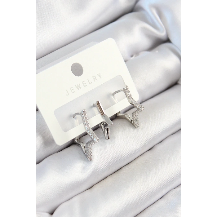 Dodes Dodes Pirinç Zirkon Taşlı Yıldız Model Gümüş Renk 3lü Çift Kadın Küpe Set TG27BKP10809