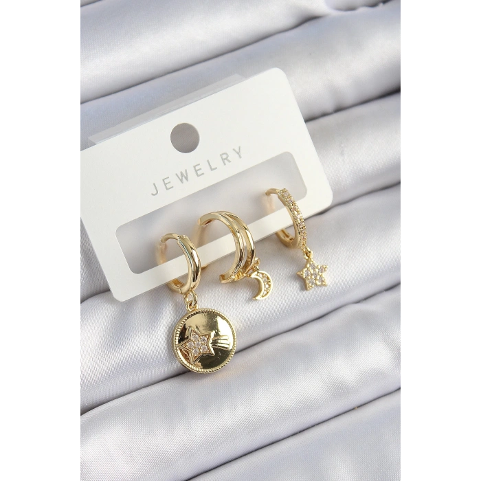 Dodes Dodes Pirinç Zirkon Taşlı Yıldız Ve Ay Model Gold Renk 3lü Çift Kadın Küpe Set TG27BKP10833